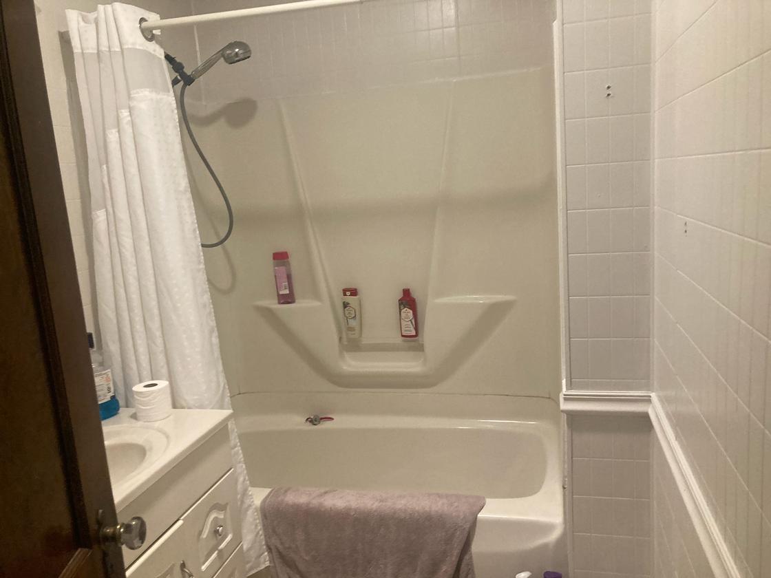 Bathroom before the refresh, with a fiberglass tub surround and painted wall tile